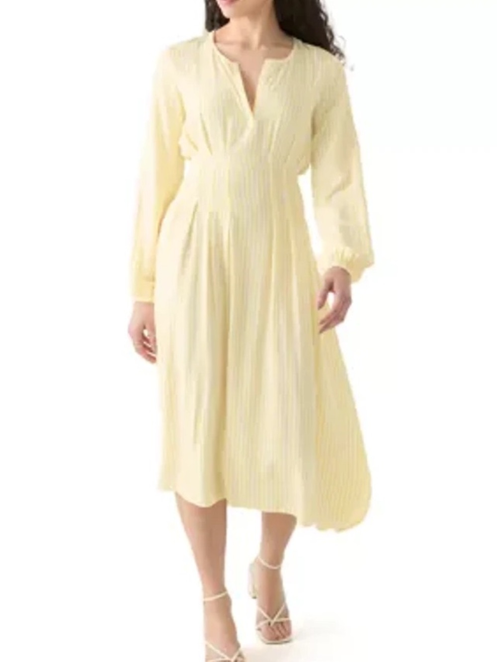 OAK + FORT Pale Yellow Midi Pleated V-Neck Dress